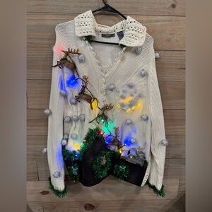 Liz Claiborne Cream V-Neck Ugly Christmas Sweater with Festive Lights